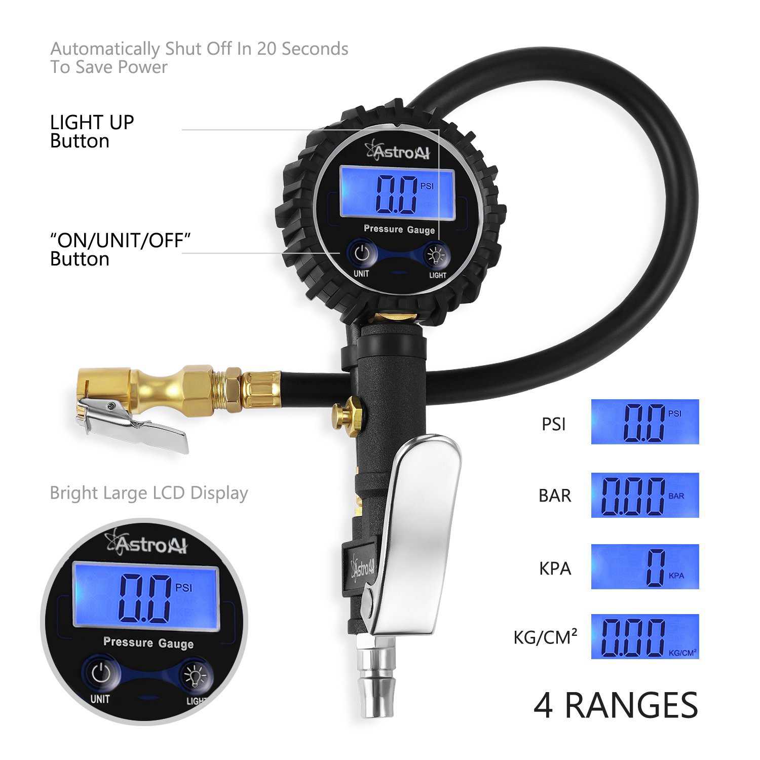 AstroAI Digital Tire Inflator with Pressure Gauge, 250 PSI Air Chuck and Compressor Accessories Heavy Duty with Rubber Hose and Quick Connect Coupler for 0.1 Display Resolution , Black